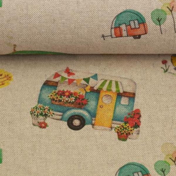 Dekodruck Bunte Wohnwägen auf Beige